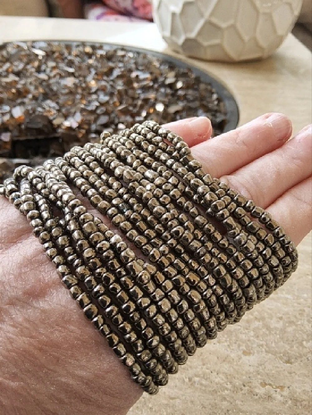 Multi-Strand Silver Bead Bracelet with Wooden Clasp